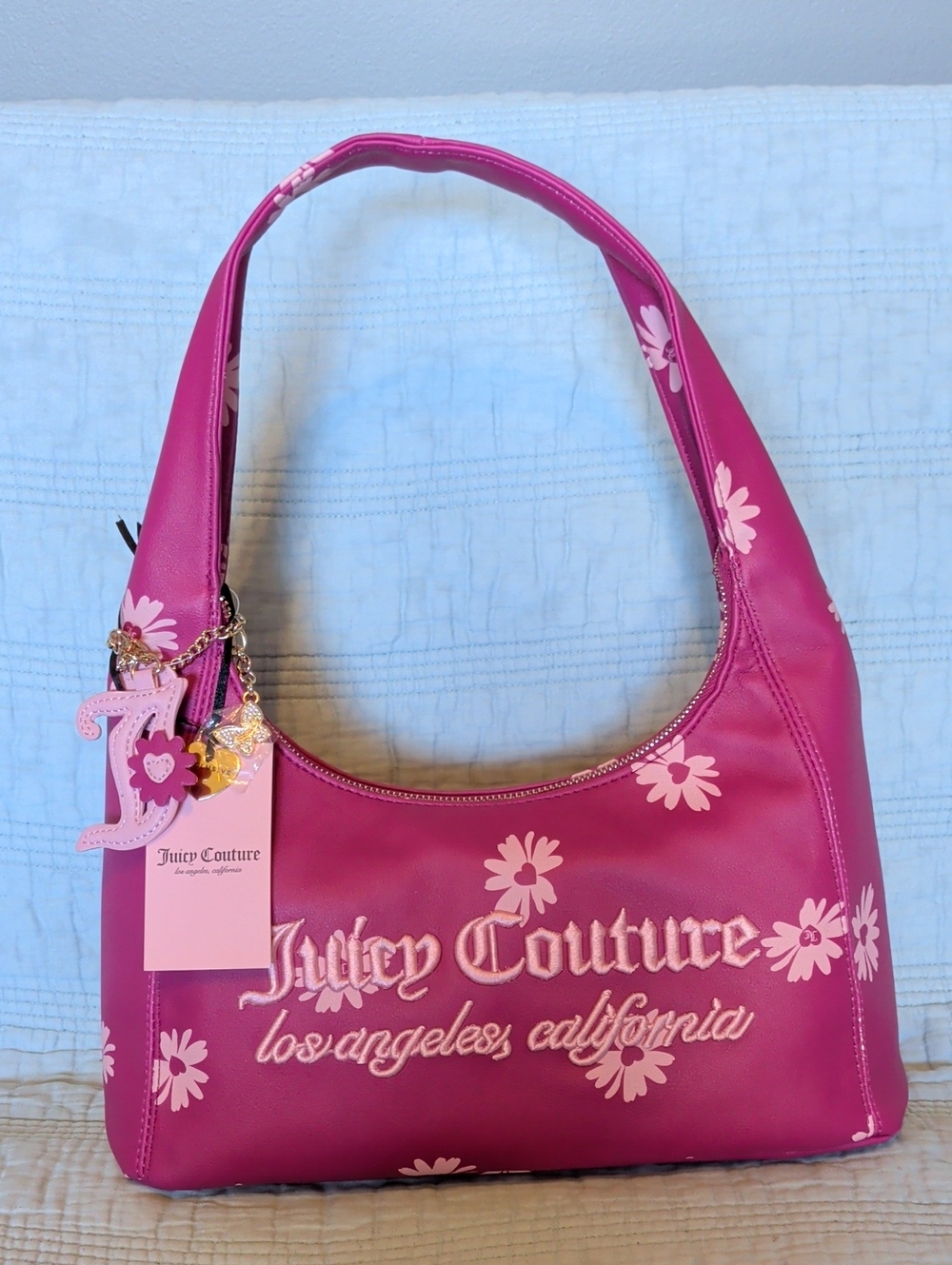Exclusive Juicy Couture Hot Pink Daisy Shoulder Bag with Charm Accents